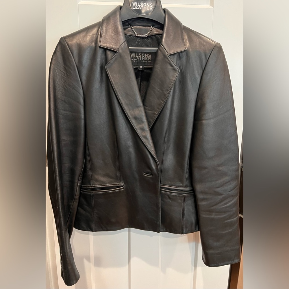 Gorgeous black leather jacket by Wilsons Leather. Size M.